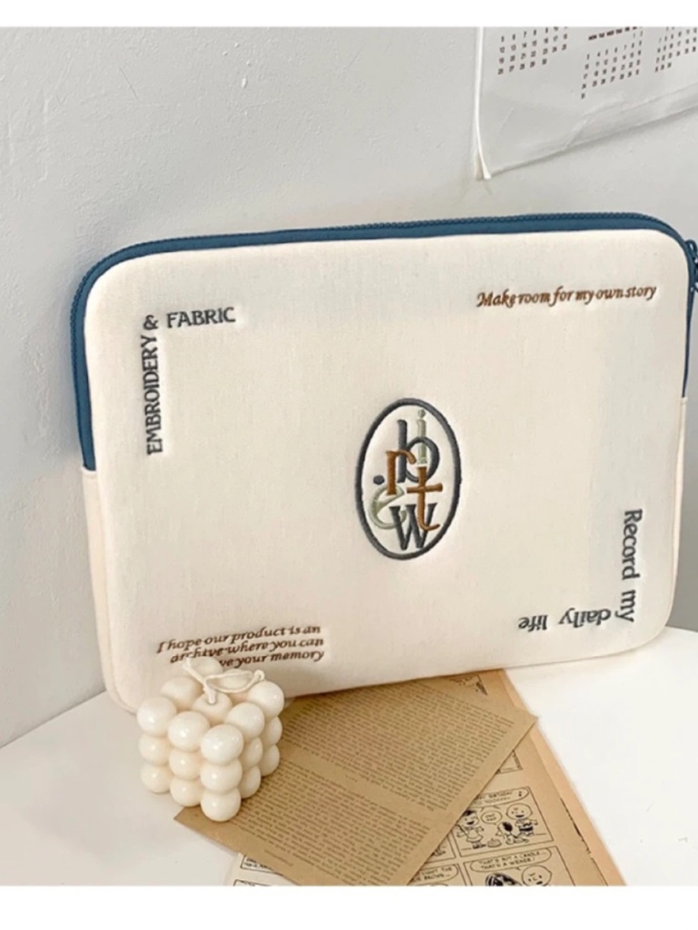 Cream Embroidered Tablet/Laptop Sleeve with Navy Trim